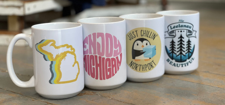 Enjoy Michigan Mugs - Four designs - Michigan 70's, Enjoy Michigan Retro, Just Chillin' and Keep Leelanau Beautuful