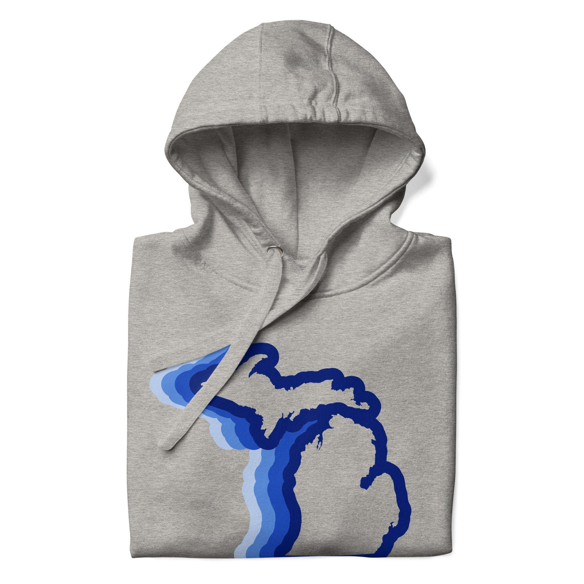 Michigan 70's Pullover Hoodie by Enjoy Michigan - Athletic Gray with a blue colorwave outline of the state of Michigan