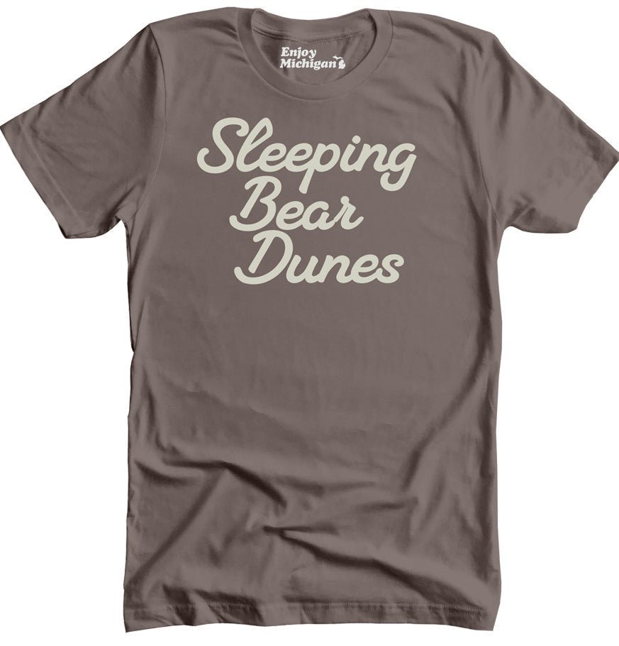 Sleeping Bear Dunes Premium Unisex T-shirt by Enjoy Michigan - Sleeping Bear Dunes script graphic on front of a pebble brown t-shirt