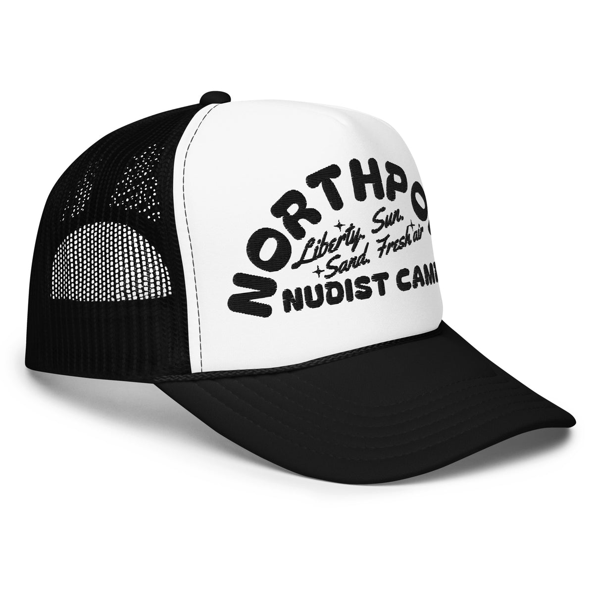 Northport Nudist Camp Embroidered Foam Trucker Hat - Black and White hat / cap Enjoy Michigan   