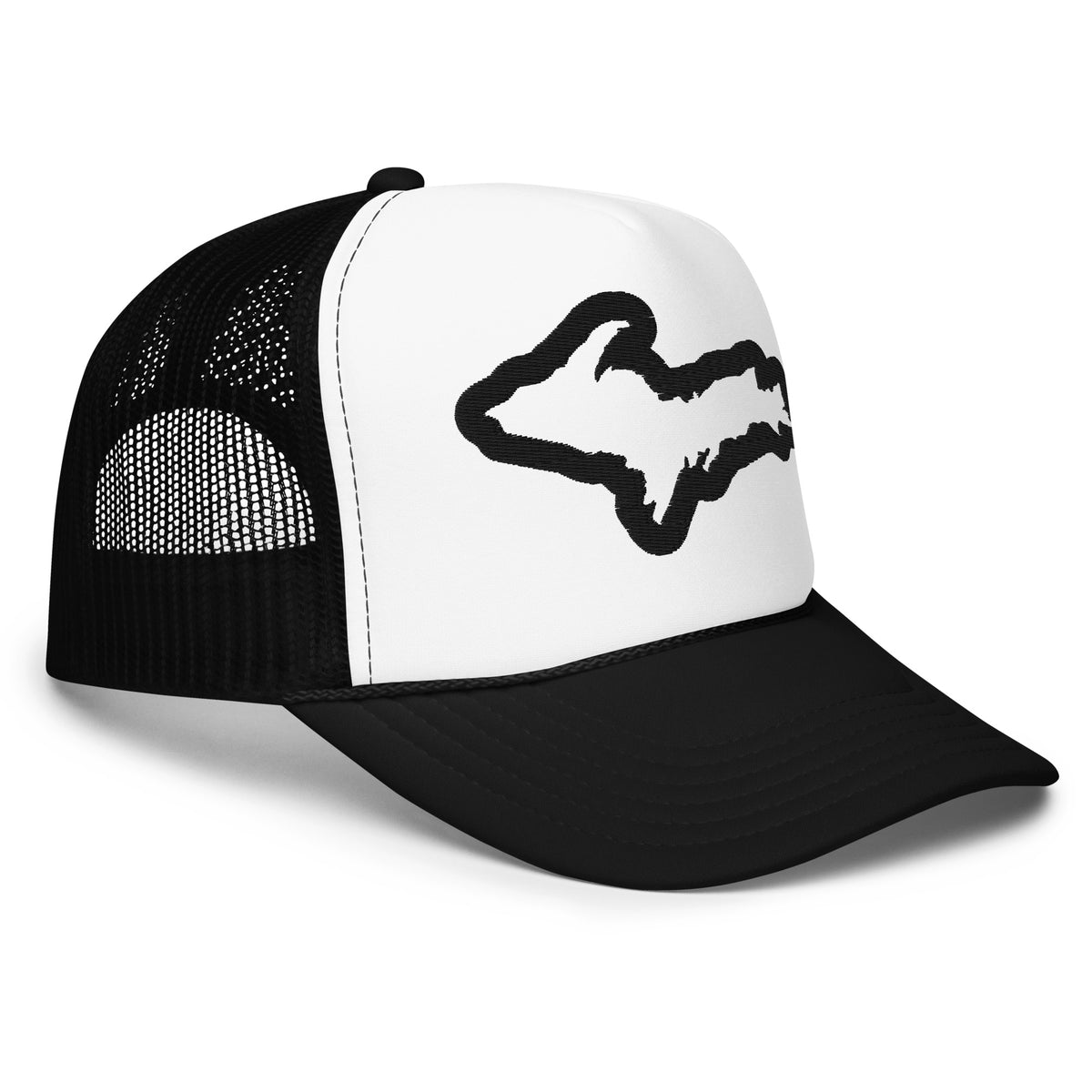 Upper Peninsula Michigan Embroidered Foam Trucker Hat - Black and White hat / cap Enjoy Michigan   