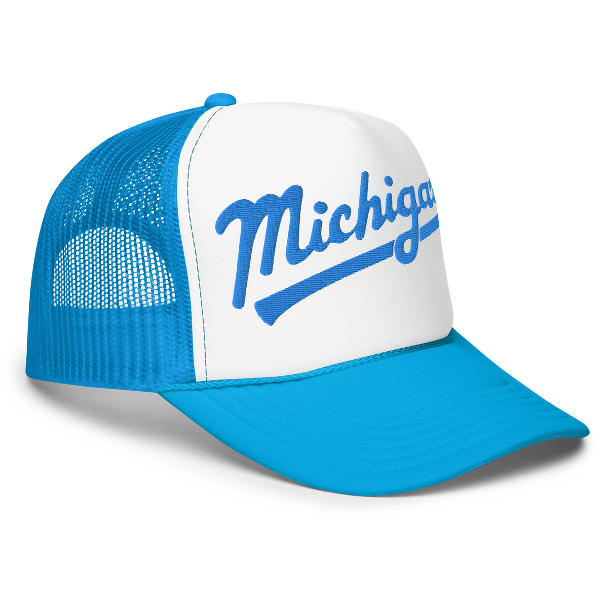 Michigan Script Embroidered Foam Trucker Hat - Light Blue and White hat / cap Enjoy Michigan   