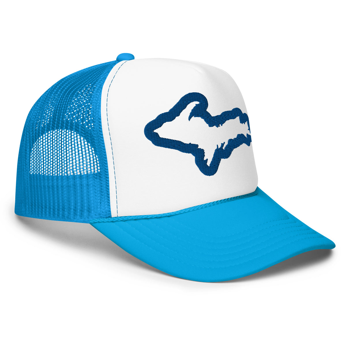 Upper Peninsula Michigan Embroidered Foam Trucker Hat - Light Blue and White hat / cap Enjoy Michigan   